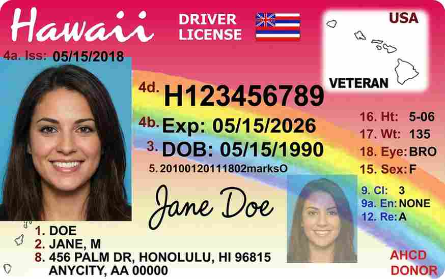 Sample Hawaii driver license card