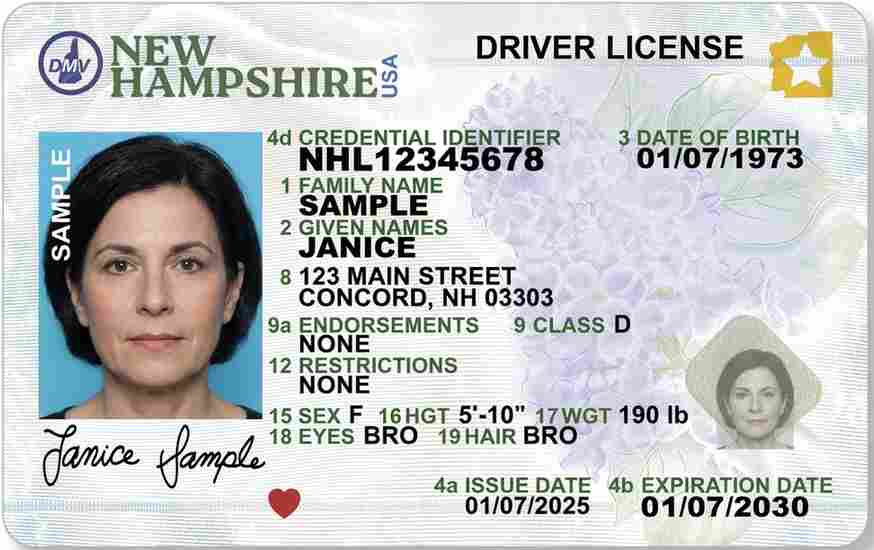 Sample New Hampshire driver license card