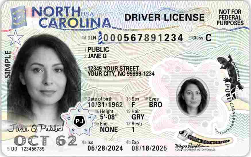 Sample North Carolina driver license card