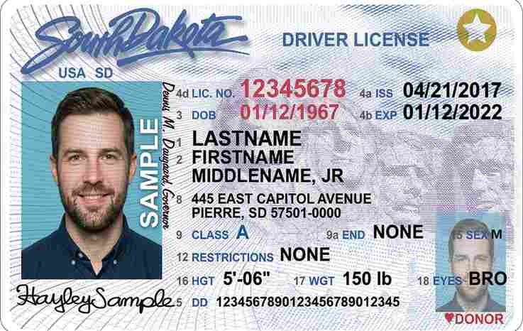 Sample South Dakota CDL license card
