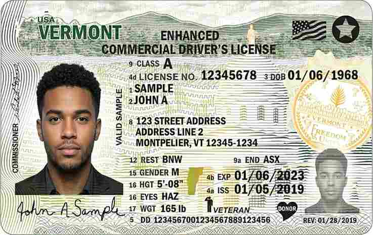Sample Vermont CDL license card