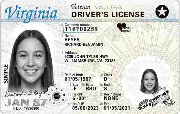Sample Virginia driver license card