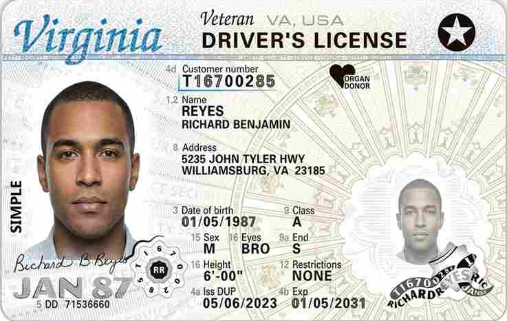 Sample Virginia CDL license card